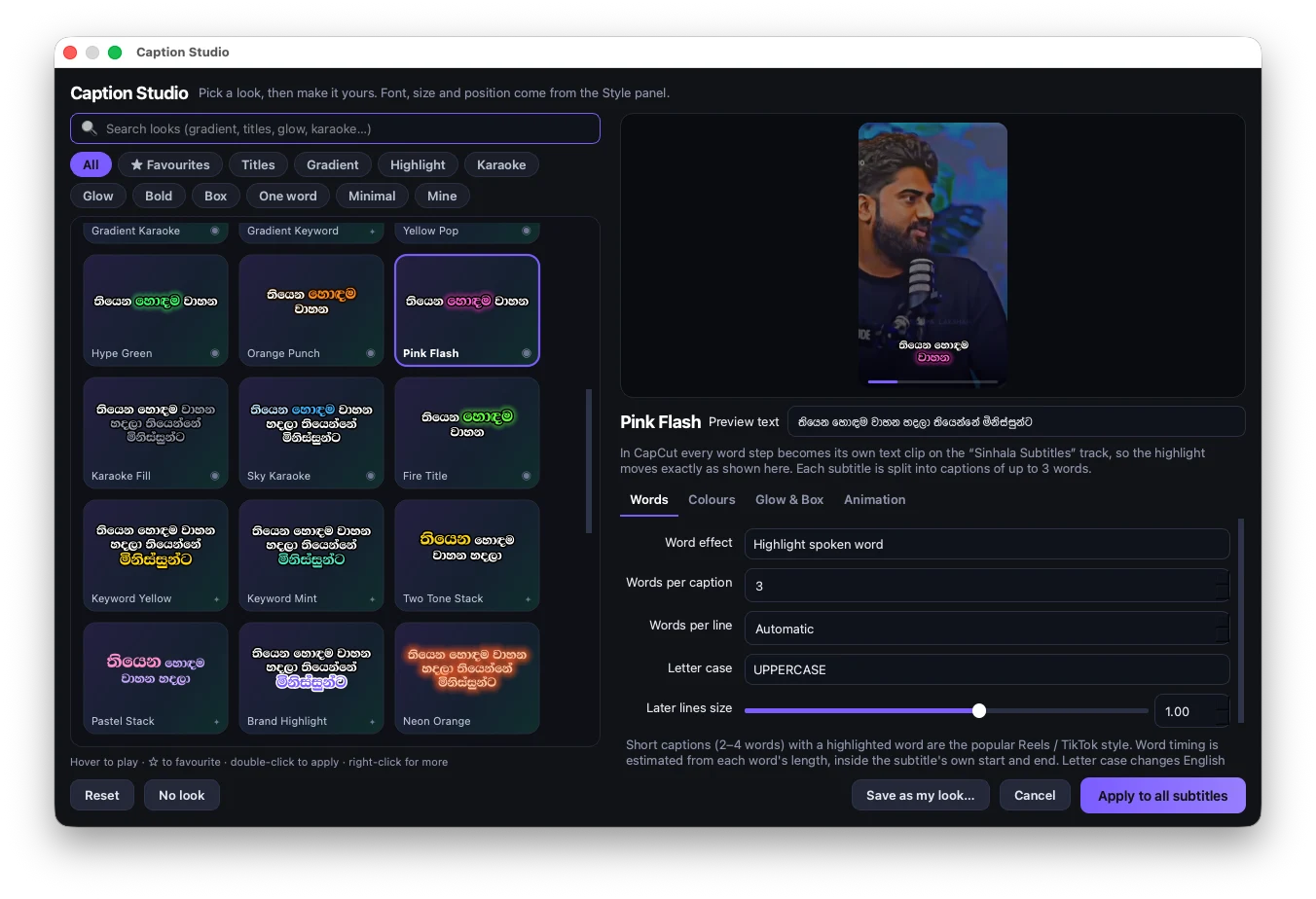 Caption Studio: a grid of caption looks such as Hype Green, Pink Flash and Neon Orange, with a live preview of the selected look.